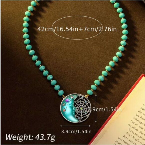 Green Glass Moon Necklace with Cat's Eye Beads Gold Tone - Picture 2 of 2